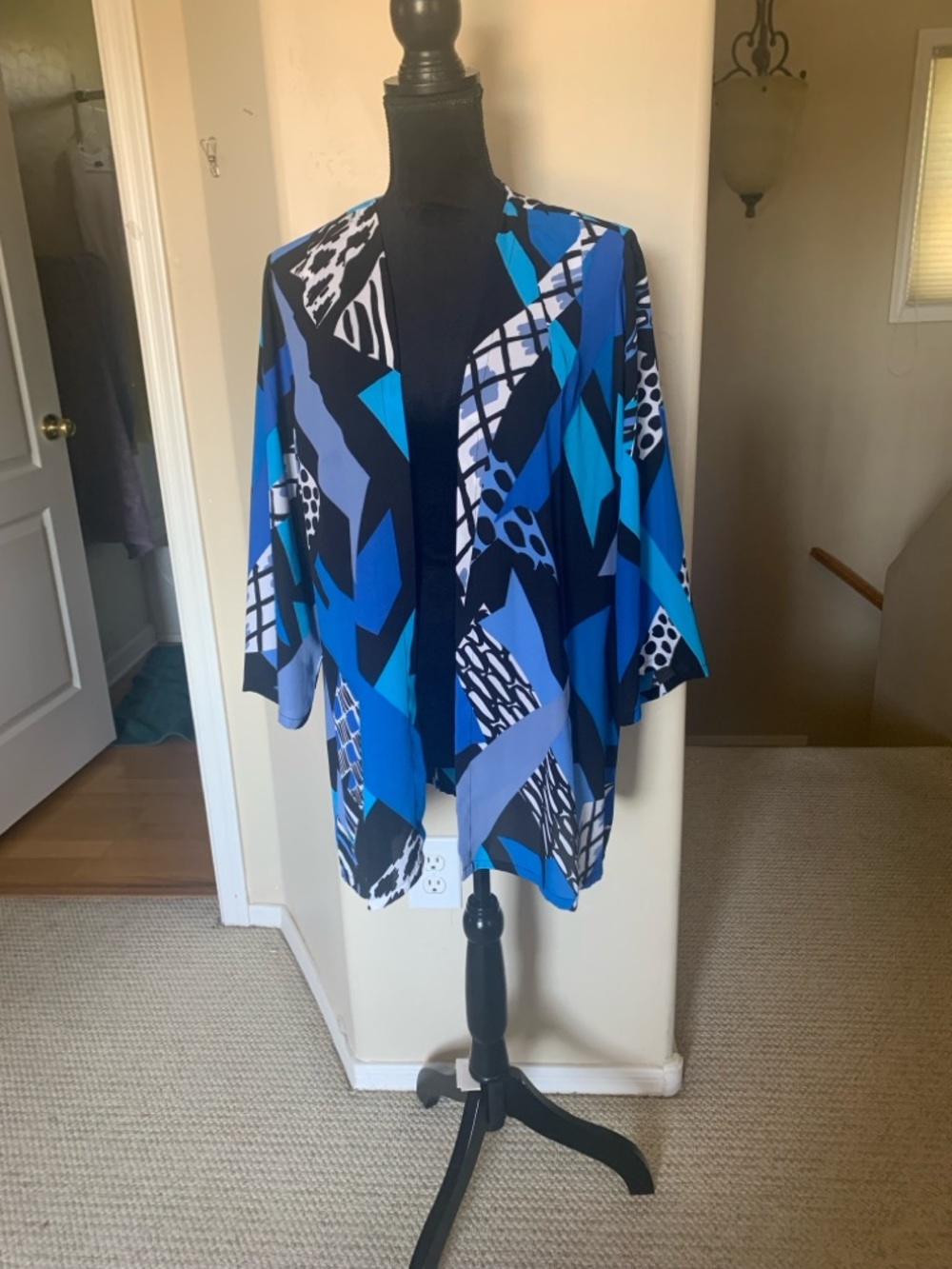 Blue, White Black Geometric Print Open Front Women's Cover up or Jacket